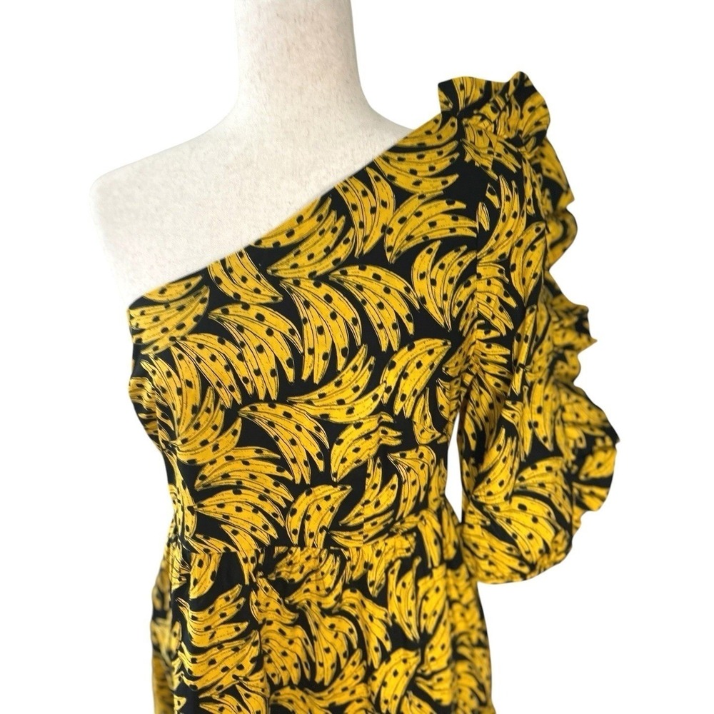 NEW Farm Rio Cotton Poplin One-Shoulder Black Bananas Midi Dress Cotton Medium - Picture 3 of 13